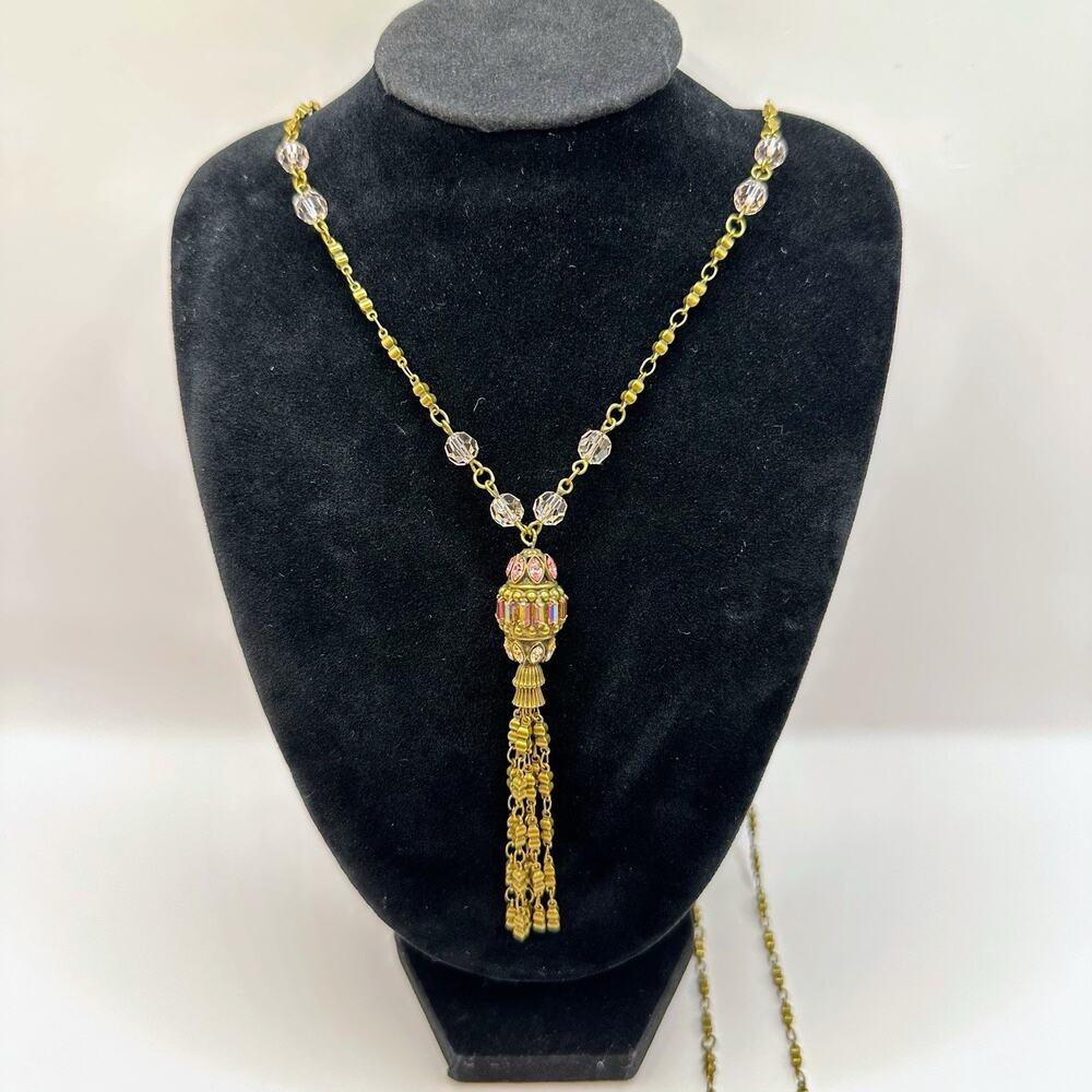VTG Sorrelli Tassel Necklace Cluster Pendant LONG Unique Chain Antique Gold Tone